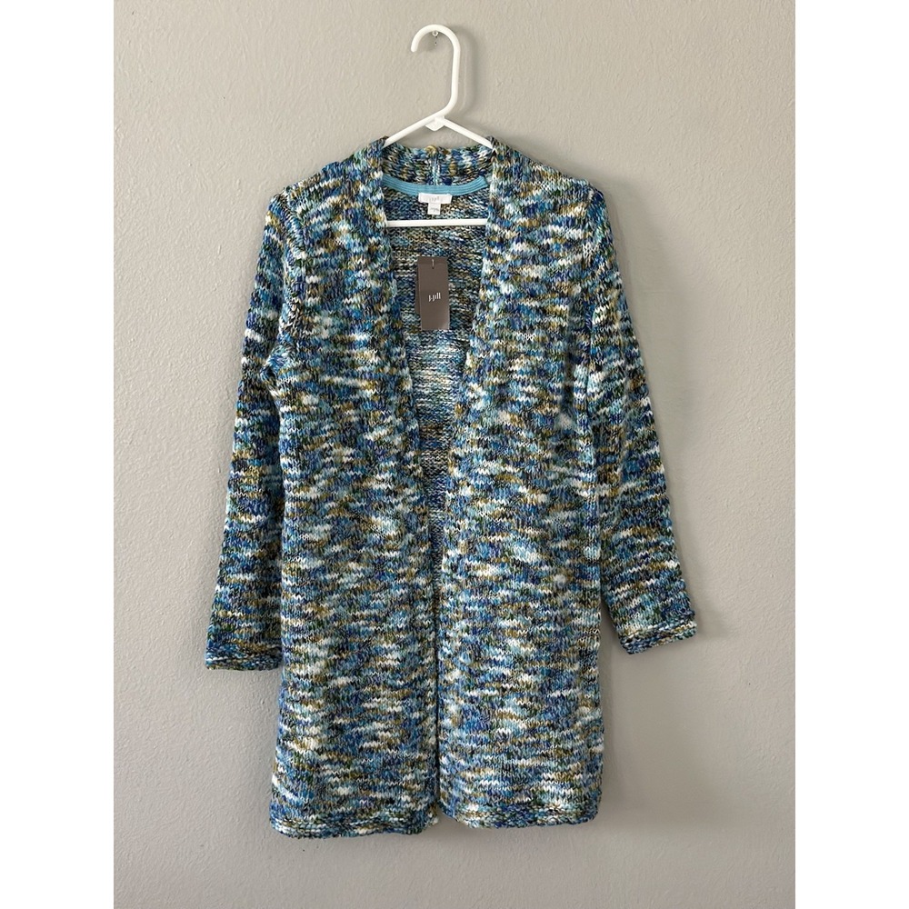 NWT J. Jill Women's Clarendon Open Front Cardigan Cyan Multi Sz Small MSRP $119